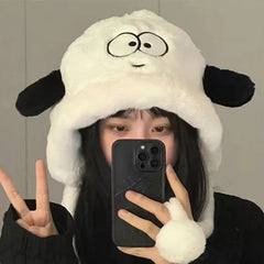 Aiertu - Winter Cute Fleece Beanie Hat For Women Girl Cartoon Big Eyes Plush Long Ears Soft Warm Skullies Hat Thickened Earflap Party Cap Aiertu