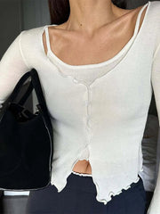 Aiertu - Knitted Fake Two-piece Cardigan Women Single Breasted O-neck Long Sleeve Slim Short Thin Sweater 2026 Summer Commute Coat Top Aiertu
