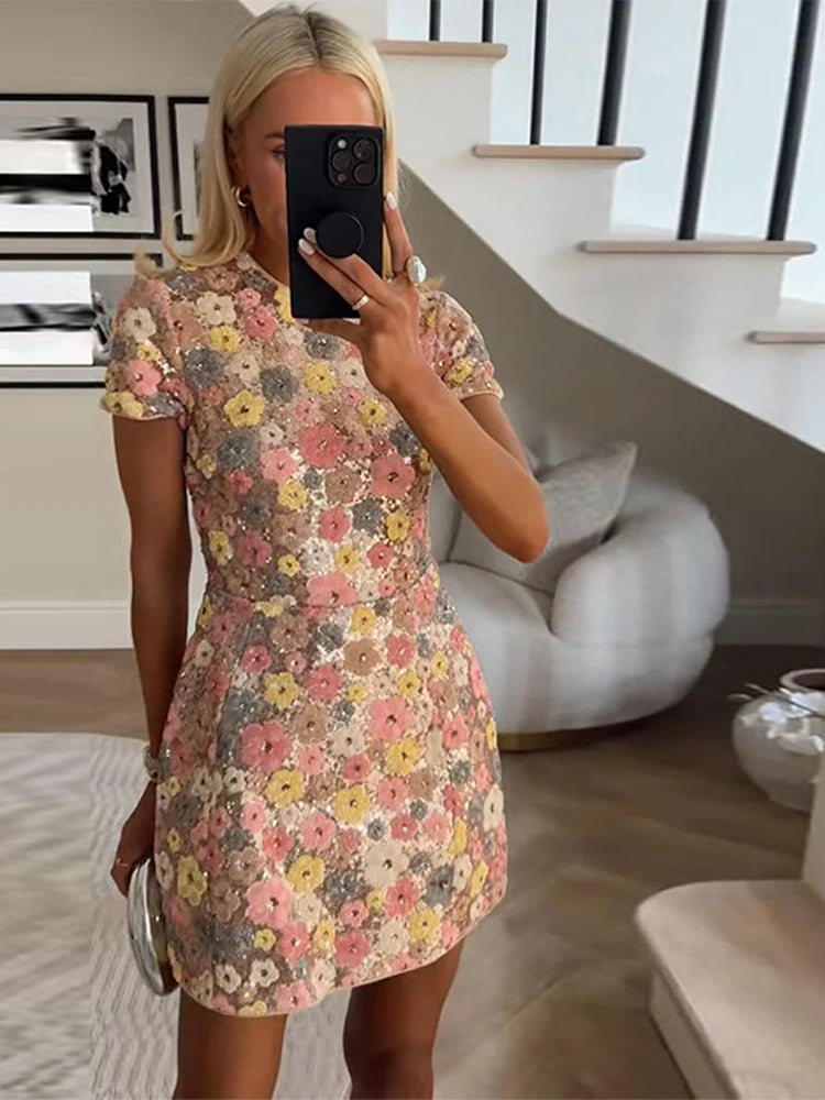 Aiertu - Chic Flower Mini Dress Women O-neck Short Sleeves High Waist A-line Dresses Female 2025 Spring Summer Fashion Floral Lady Robe Aiertu