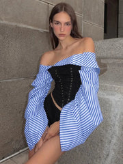 Aiertu - Fashion Chic Women Long Sleeve Striped Long Sleeve Corset Shirts + Shorts 2 Piece Sets High Street Tunics Bandage Female Suit Aiertu