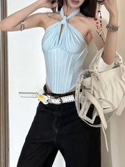 Aiertu - Y2k Aesthetic Halter Bandage Pleated Tank Top Women Streetwear Backless Bodycon Tanks 2026 Summer Sexy Grunge Cropped Camisole Aiertu