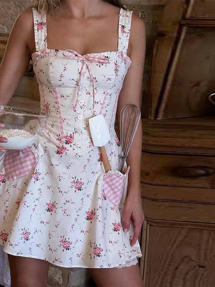 Aiertu - Floral Lace Halter Women Dress Checkered Patchwork Bow Print Suspender Slimming Off Shoulder Camisole Short Dresses Summer New Aiertu
