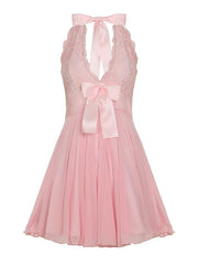 Aiertu -Lace Deep V-Neck Bow Halter A-Line Mesh Dress aiertu