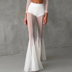 Aiertu - Women's Casual Patchwork Pleated Flared Pants Perspective Mesh Slim Trousers New 2026 Summer Elastic High Waist Club Long Pants Aiertu