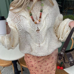 Aiertu - Women's Hand-knitted Twist Sweater Pullover Loose Fashion Versatile Long Sleeve Knitted Top Solid Color Autumn Winter New Aiertu