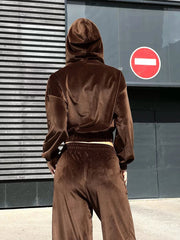 Aiertu - Velvet Solid Cropped Jacket Women Autumn Long Sleeve Zipper Hoodies Outerwear+Drawstring Pants Vintage Fashion Sport 2 Piece Set Aiertu
