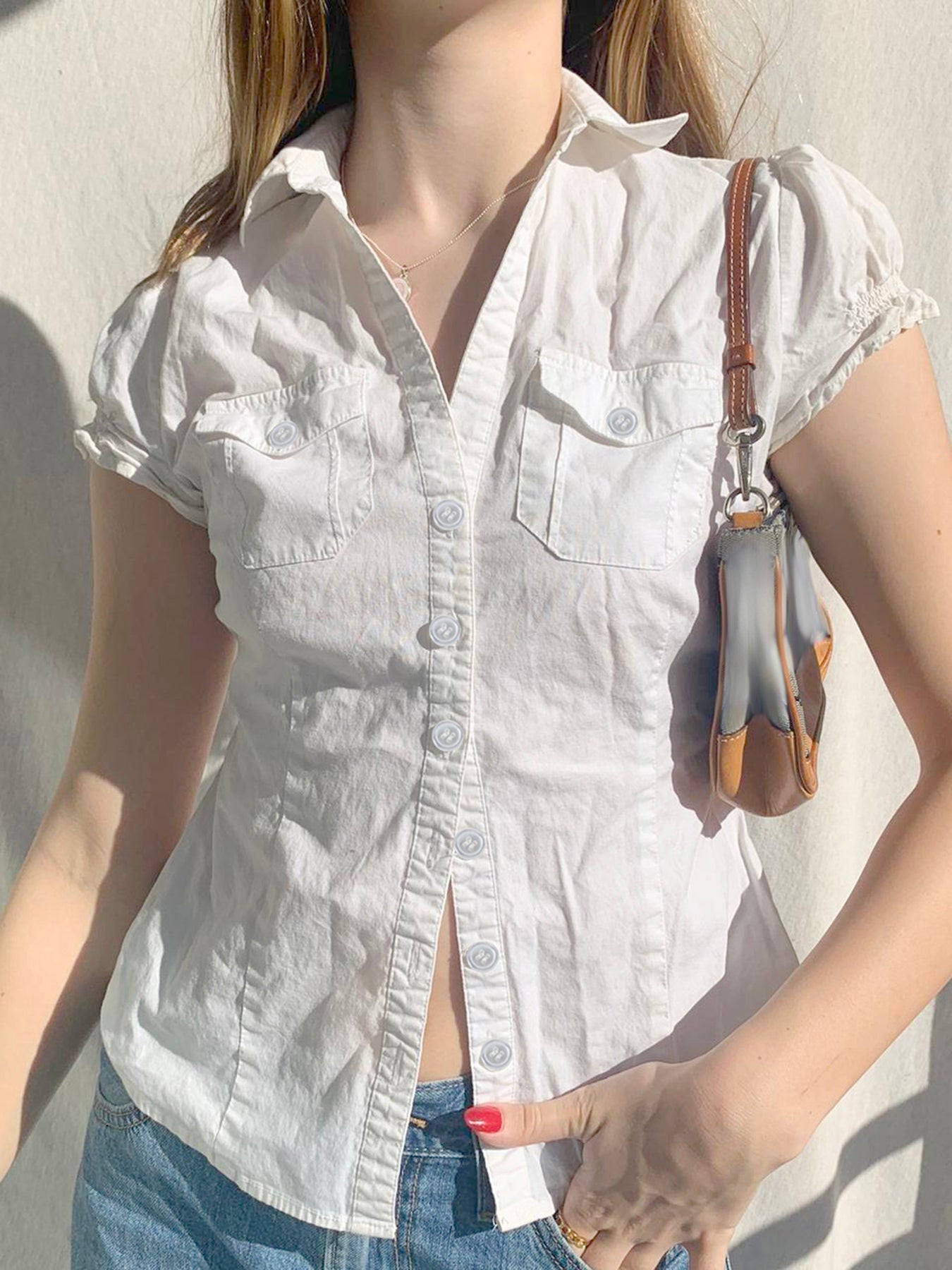 Aiertu - summer inspo Hot Single Breasted Puff Sleeve White Shirts For Women Button Turn Down Collar Pockets Simple Casual Safari Style Tops Aiertu