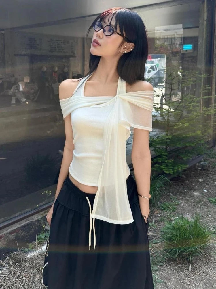 Aiertu - Y2k Aesthetics Fake Two Pieces T-shirt 2026 Fairy Grunge Halter Bodycon Tshirt Summer Harajuku Patchwork Irregular Bandage Tops Aiertu