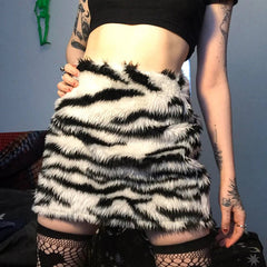 Aiertu - Stripes Print High Waist Skirt Women Niche Fashion Faux Fur Comfort Package Hip Above Knee Half Skirt Streetwear Aiertu