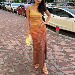 Aiertu - Lady Casual Summer O-neck Suspender Dress Beach Holiday Backless Knitted Long Dress Gradient Striped Printed Slim A-line Dress Aiertu