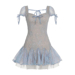Aiertu - Y2K Aesthetics Lace Patchwork Square Neck Bodycon A-Line Dress Women Puff Sleeve With Strap Decorated Elegant Outfits Aiertu
