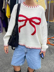 Aiertu - Bowknot Embroidery Long Sleeve Sweater Women Crew Neck Fashion Loose Color Blocking Knit Pullover 2026 New Autumn Lady Knitwear Aiertu