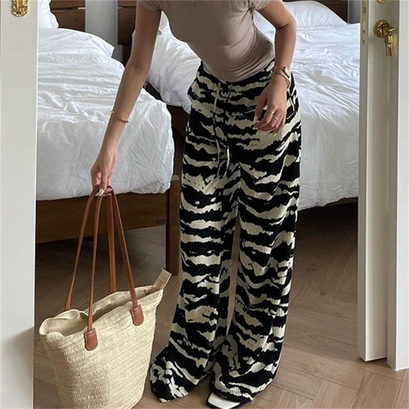 Aiertu - -Y2K Pants Women Zebra Print Knit Wide Leg Pants Streetwear Drawstring Elastic Straight Trousers Casual All Match Chic Outfits Aiertu