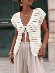 Aiertu - Womens Crochet Sweater Vest Summer Tie Front Cap Sleeve V-Neck Casual Knit Tops Cardigan Lightweight Sweaters Aiertu