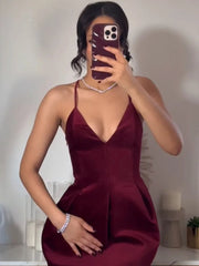 Aiertu Women Chic Wine Red V-neck Spaghetti Strap Mini Dress Sexy High Waist Slim Pleated Velvet Vestidos New Lady Evening Gowns Aiertu