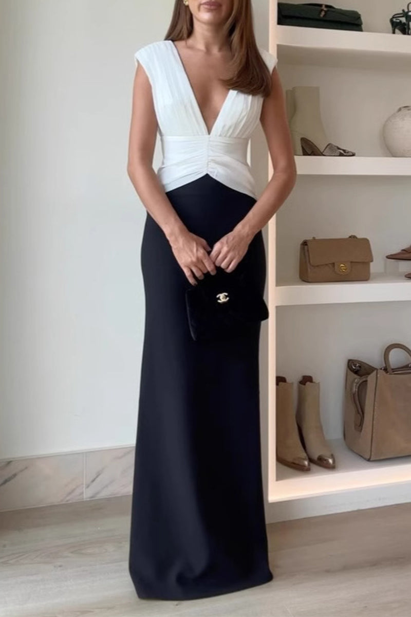 Aiertu - Sexy Backless Ruched Contrast V Neck Long Dresses Aiertu
