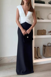 Aiertu - Sexy Backless Ruched Contrast V Neck Long Dresses Aiertu