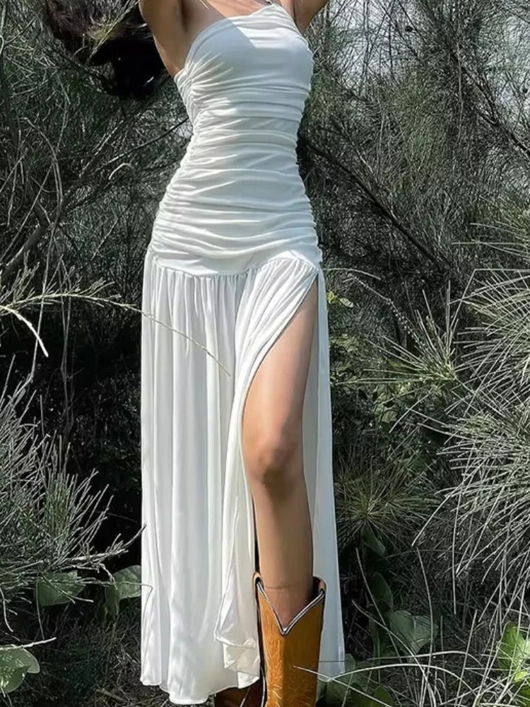 Aiertu - Summer High Slits Temperament Dress Biased Collar Backless Folds Skinny Sleeveless Vacation Beach Party Classic Vestidos Aiertu
