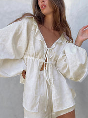 Aiertu - Women 2 Piece Outfits Ruffle Loose Tie Front Long Sleeve Shirt and Casual Elastic Shorts Club Streetwear Summer Clothes Aiertu