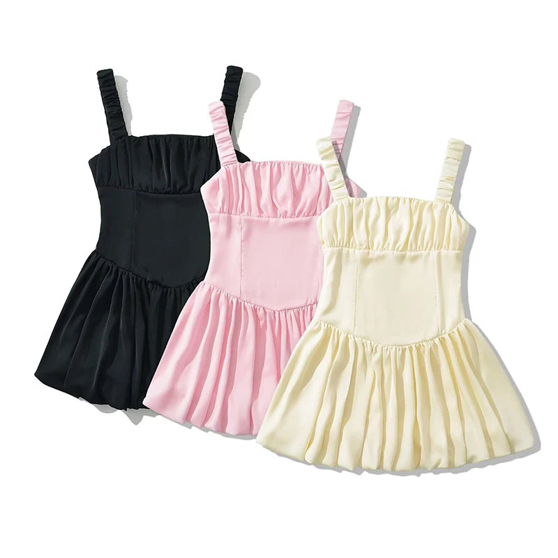 Aiertu - Sweet Women Sexy Low Waist Pleated Hem Satin Tank Mini Dress Summer Female Birthday Party Dresses Holiday Robe Aiertu