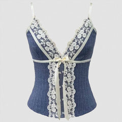 Aiertu Women Ribbon Bow Lace Trim Camis Tops V-neck Sleeveless Shirt Vest Cute Aesthetic Y2K Crop Tops Cottage 00s Retro Tank Tops Aiertu