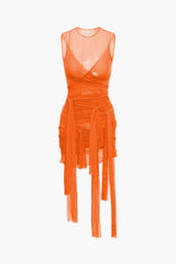 Aiertu Sheer Mesh Wrap Tie Ribbon Mini Dress Aiertu
