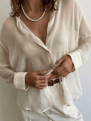 Aiertu - Button Front Semi Sheer Long Sleeve Blouse Aiertu