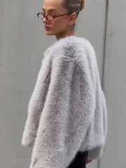 Aiertu - Elegant Faux Fur Solid Women Coat O Neck Loose Full Sleeve Female Jacket 2024 Fashion Autumn Winter Warm Thicken Lady Outwear Aiertu