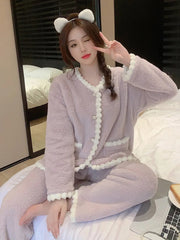 Aiertu - Pajama Sets Women Nightwear Stylish Cozy Ins Ladies Sweet Popular Winter Warm Sleepwear Lounge Simple Lovely Harajuku Patchwork Aiertu