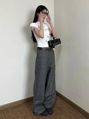 Aiertu - Women Checkered Tweed Suit Pants Office Work Casual Wide Leg Boot Cut High Waist Long Trousers Dressy Vintage Clothes Aiertu