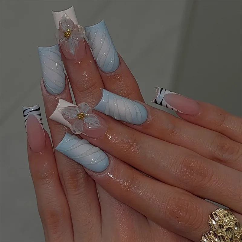 Aiertu - 24PCS French Square False Nail with Glue 3D Flower Stripes Fashionable Nail Art Acrylic Detachable Fake Nail Tips for Spice Girl Aiertu