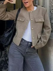 Aiertu - New Retro Fashion Women Coarse Tweed Round Neck Long Sleeved Jacket Winter Korean Elegant Lady Long Sleeved Button Short Jacket Aiertu
