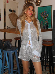 Aiertu - Casual Sexy Sequins Shorts Two Pieces Set Woman Outfit Chic Long Sleeve Shirts+Shorts Suit Night Club Short Pants Streetwear Aiertu