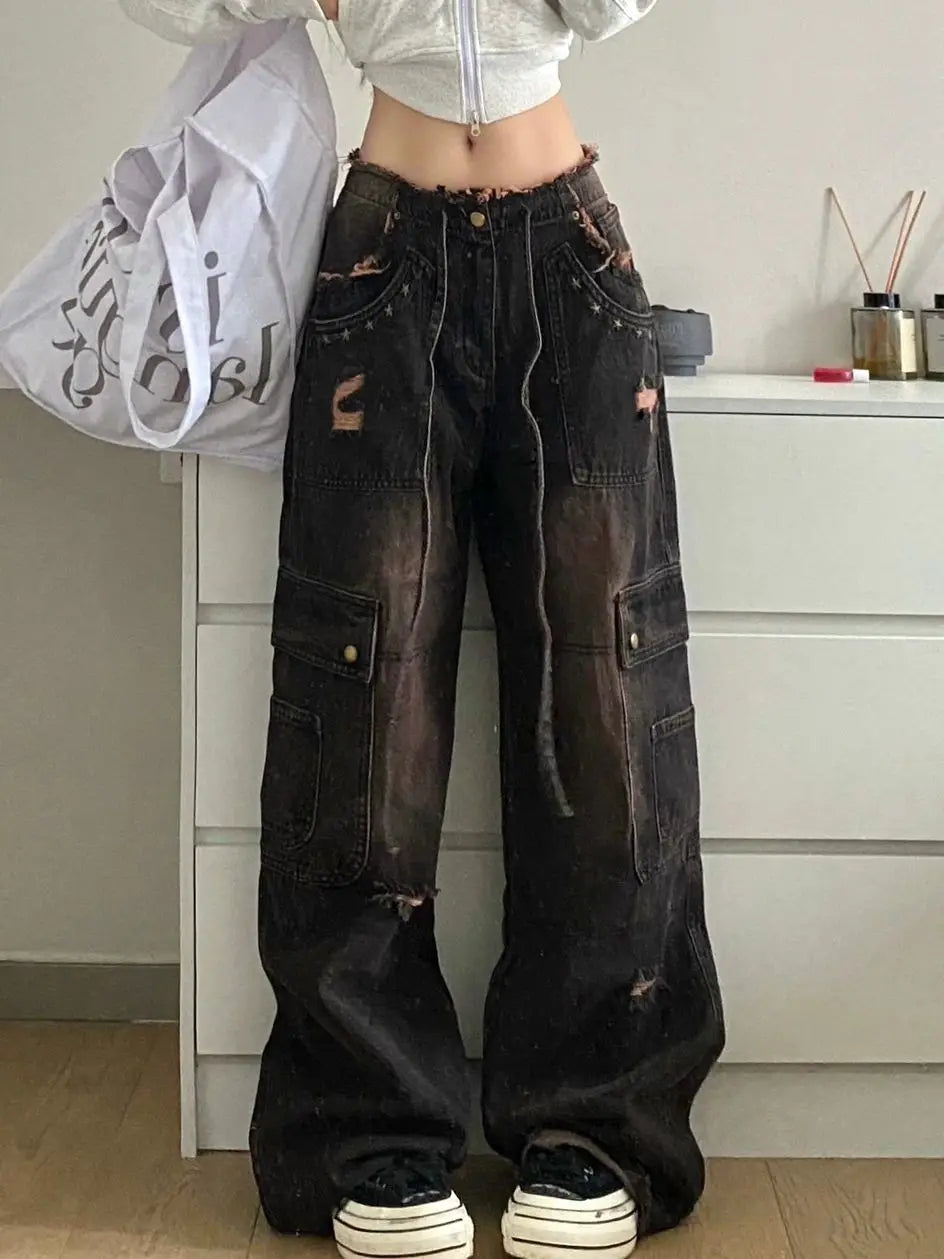 Aiertu - American Plus Size Vintage Washed Raw Edge Cargo Jeans Pocket Fashion High Street Straight Loose Fit Wide Leg Mop Long Pants Aiertu