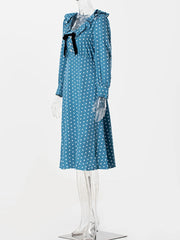 Aiertu - Polk Dot Print Midi Dress 2026 New Long Sleeve U Collar Slim Elegant Bow Decor Ruffle Long Dresses Casual Fashion Long Dress Aiertu