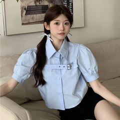 Aiertu Y2K Puff Short Sleeve Blouse Women Asymmetrical Belt Chic Slim Shirts Student Summer Korean Irregular White Crop Tops New Aiertu