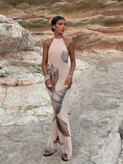 Aiertu - Elegant Backless Lace-up Print Long Dress For Women Fashion Off Shoulder Sleeveless Bodycon Maxi Dresses 2026 Lady Vocation Robe Aiertu