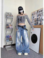 Aiertu - Women's Personalized Graffiti Tie Dye Design Jeans Young Girl Denim Trousers Vintage Street Bottoms Female High Waisted Pants Aiertu