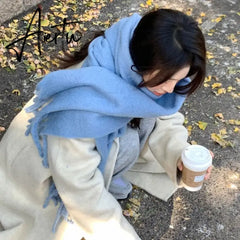 1PC New Soft Winter Cashmere Scarf Solid Color Warm Long Tassel Scarves Mohair Thickened Wrap Shawls For Women Girls Aiertu