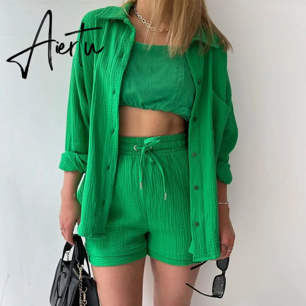 2 Piece Casual Sleepwear Cotton Pajamas for Women Turn-Down Collar Sleep Tops Suits with Shorts Gauze Cardigan Homewear Summer Aiertu