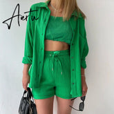 2 Piece Casual Sleepwear Cotton Pajamas for Women Turn-Down Collar Sleep Tops Suits with Shorts Gauze Cardigan Homewear Summer Aiertu
