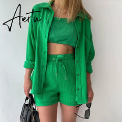 2 Piece Casual Sleepwear Cotton Pajamas for Women Turn-Down Collar Sleep Tops Suits with Shorts Gauze Cardigan Homewear Summer Aiertu