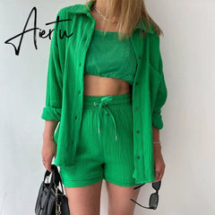 2 Piece Casual Sleepwear Cotton Pajamas for Women Turn-Down Collar Sleep Tops Suits with Shorts Gauze Cardigan Homewear Summer Aiertu