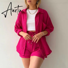 2 Piece Casual Sleepwear Cotton Pajamas for Women Turn-Down Collar Sleep Tops Suits with Shorts Gauze Cardigan Homewear Summer Aiertu
