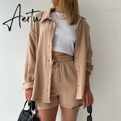 2 Piece Casual Sleepwear Cotton Pajamas for Women Turn-Down Collar Sleep Tops Suits with Shorts Gauze Cardigan Homewear Summer Aiertu