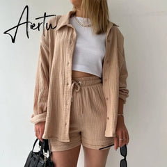 2 Piece Casual Sleepwear Cotton Pajamas for Women Turn-Down Collar Sleep Tops Suits with Shorts Gauze Cardigan Homewear Summer Aiertu