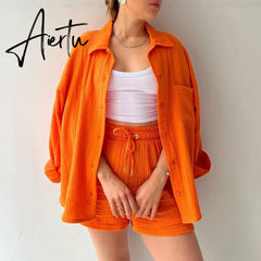 2 Piece Casual Sleepwear Cotton Pajamas for Women Turn-Down Collar Sleep Tops Suits with Shorts Gauze Cardigan Homewear Summer Aiertu