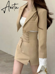 2 Piece Dress Set Women Casual Y2k Crop Tops Elegant Jacket Coats + Mini Skirts Korean Fashion Suits Autumn Blazers Dress Aiertu