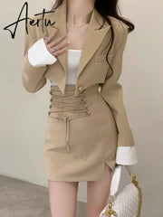 2 Piece Dress Set Women Casual Y2k Crop Tops Elegant Jacket Coats + Mini Skirts Korean Fashion Suits Autumn Blazers Dress Aiertu