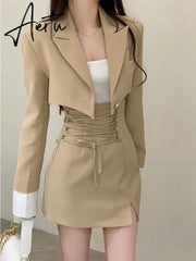 2 Piece Dress Set Women Casual Y2k Crop Tops Elegant Jacket Coats + Mini Skirts Korean Fashion Suits Autumn Blazers Dress Aiertu